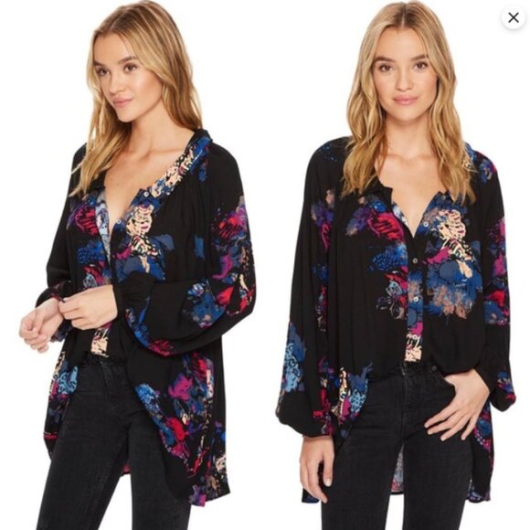 Free People Meadow Lark Button-Up Floral Tunic Top – Black – Women’s Small - Picture 3 of 11